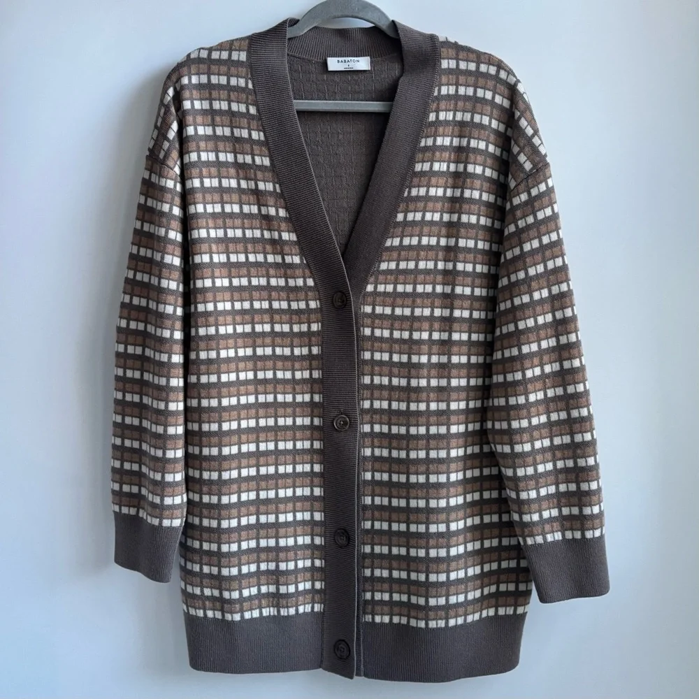 Aritzia Babaton Lacer Merino Wool Cardigan Sweater Brown White Checkered Small - Picture 3 of 17